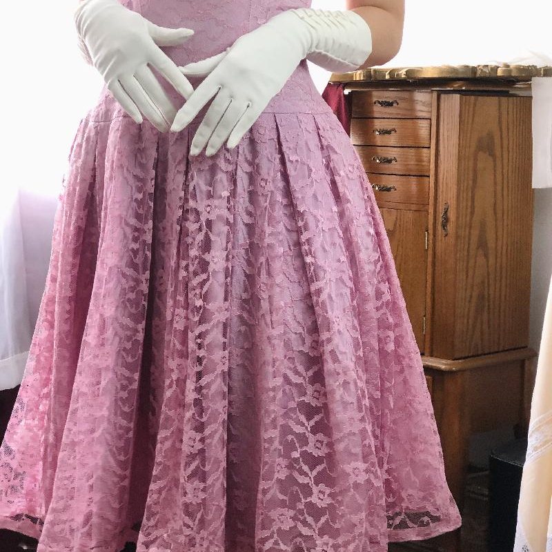 RARE! 1950s Soft Pink Lace Twin Set from Canada- Fit & Flare Dress with Outer(MT891)
