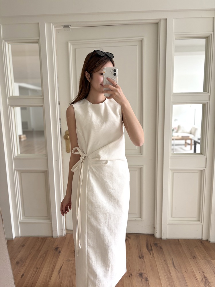 Gathered Waist Tie Dress (Ivory)