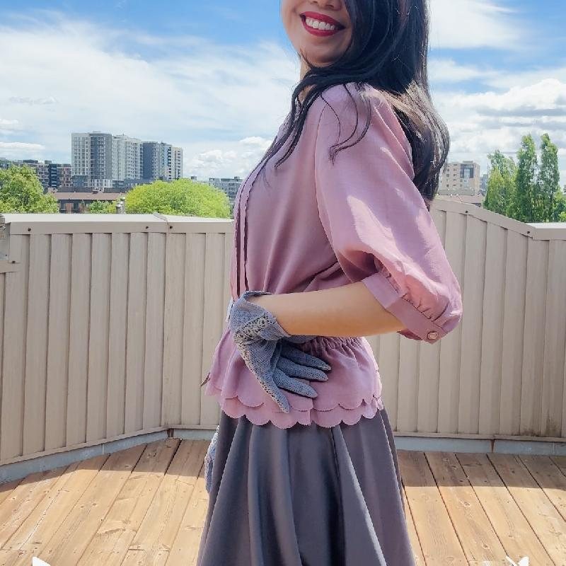 Vintage Japanese Plum Colour Cut-out Pattern Peplum Summer Blouse with Scallop Edge (MT2349)