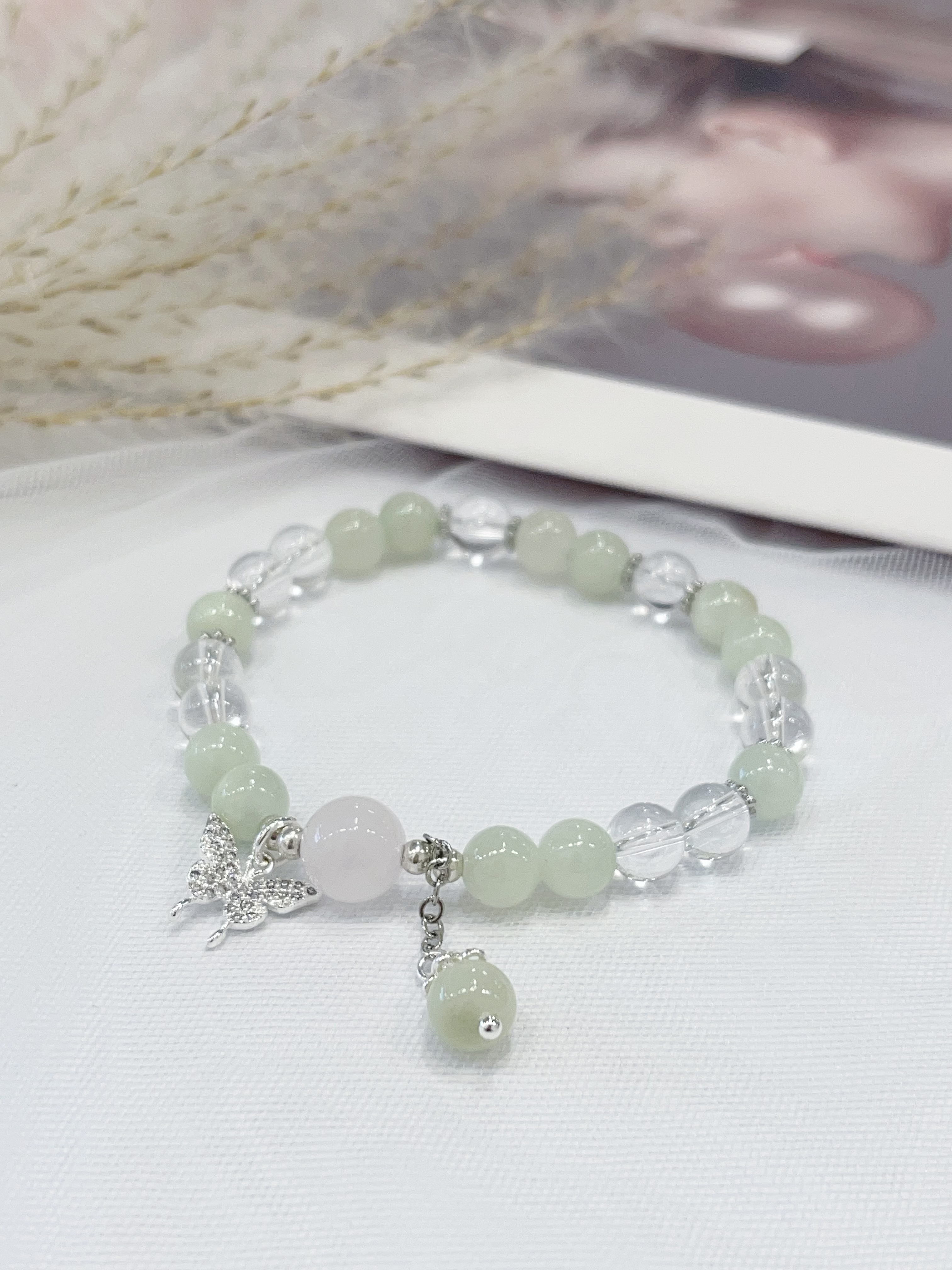 🦋 葡萄石 × 白水晶 × 粉水晶手串 Green Amethyst & Clear Quartz & Rose Quartz｜蝴蝶设计款