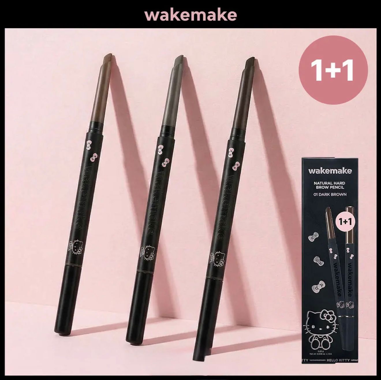 *超靚呀😍🇰🇷韓國最新出🆕🇰🇷WAKEMAKE x Hello Kitty 黑色特別版NATURAL HARD BROW PENCIL 自然斜角筆頭雙頭眉筆🎁限定1+1 優惠[헬로키티 블랙에디션/아이돌브로우]웨이크메이크 내추럴 하드 브로우 펜슬*