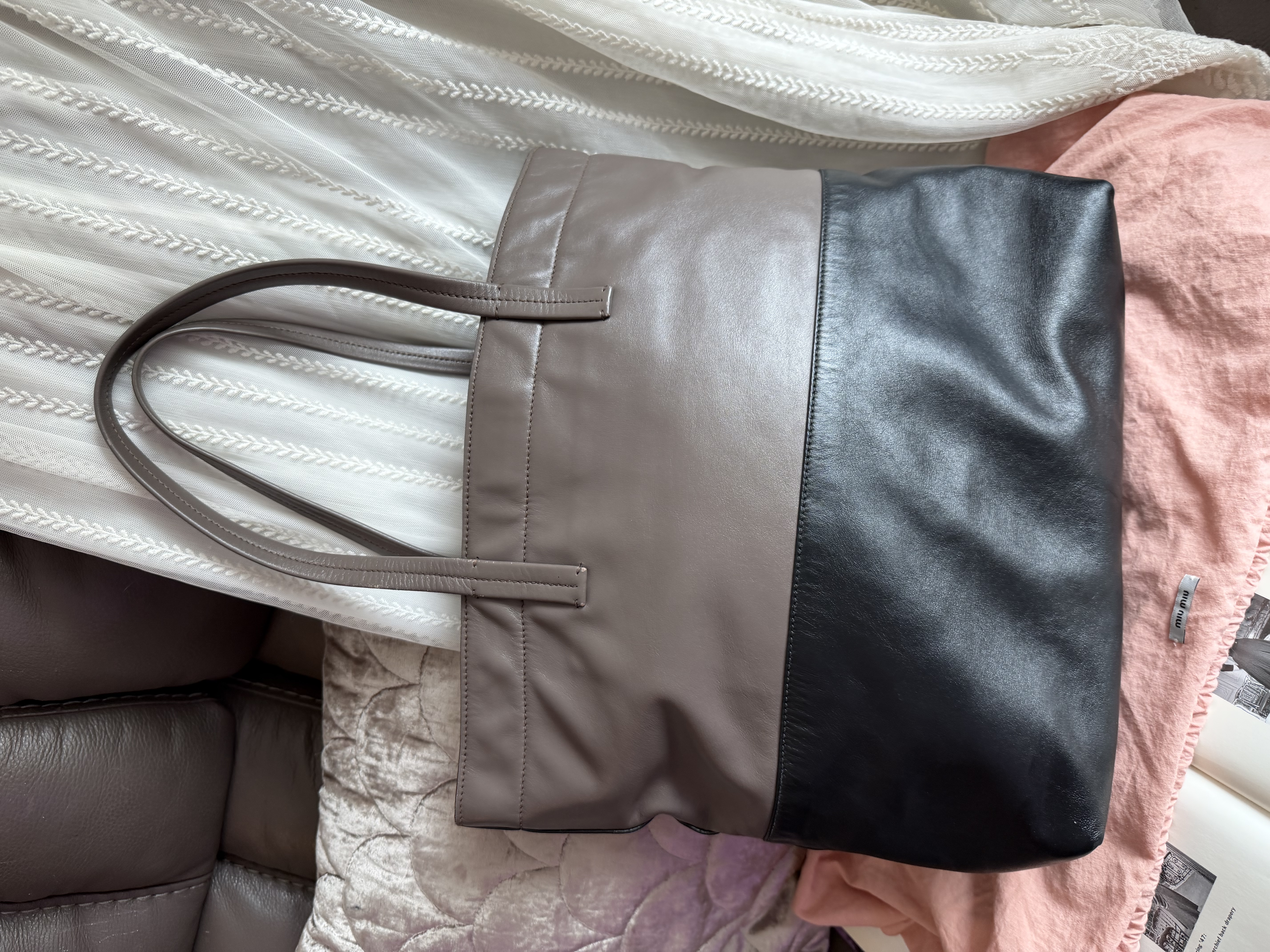 Miu miu ivy black grey leather tote bag