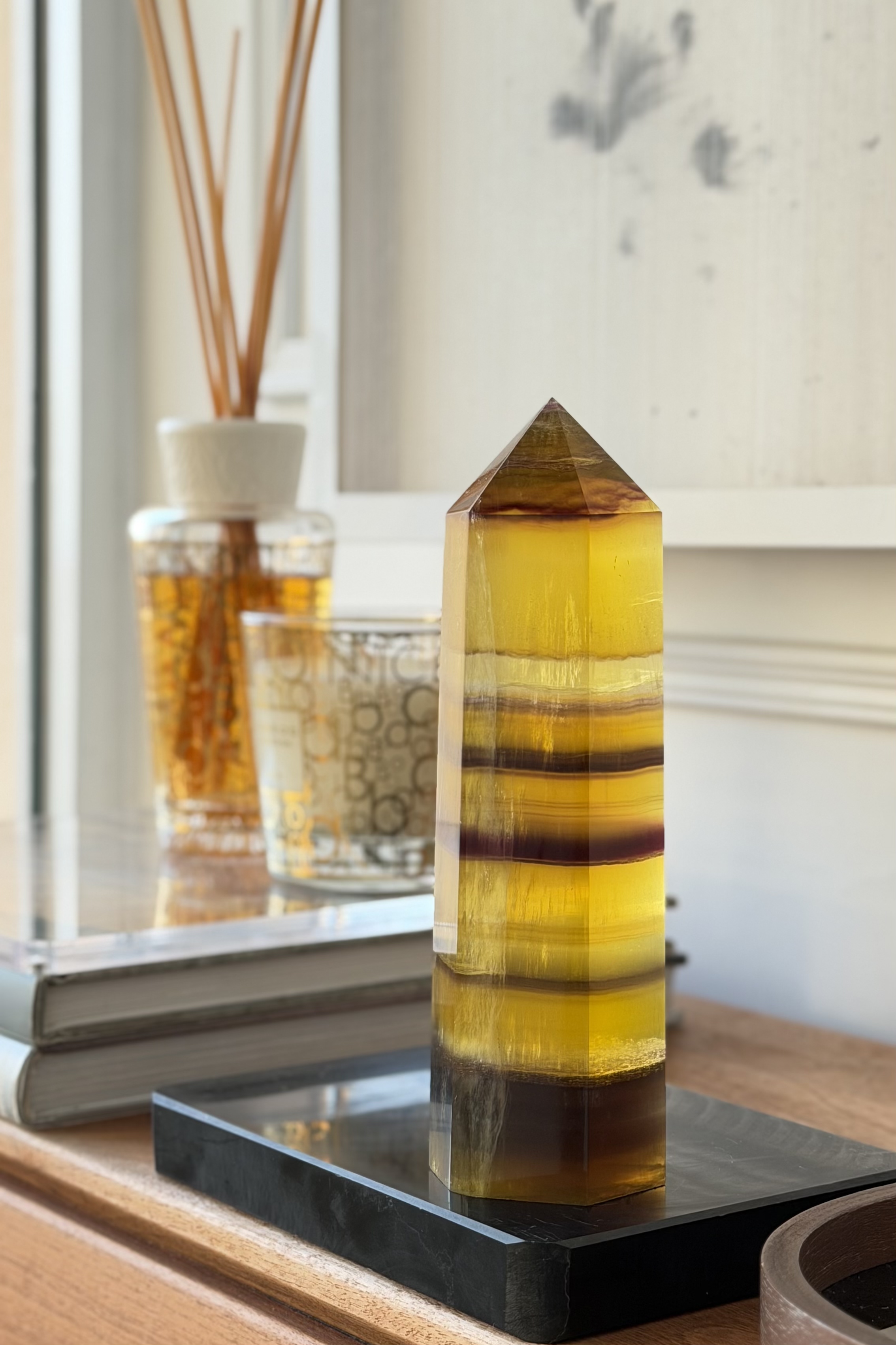  ༒18.6cm+黃螢石千層紋六角柱༒ FL.3502C82G10FM-RB5*