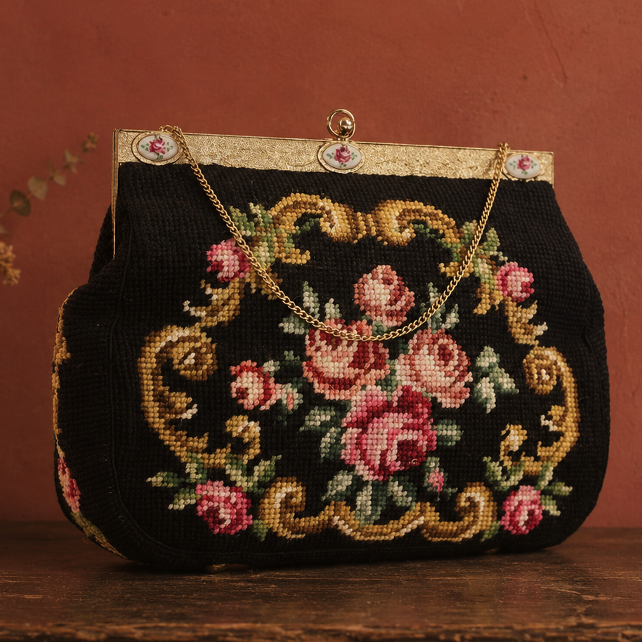 Vintage C.a. 1960s Hand-Stitched Floral Needlepoint Bag with Handpainted Rose Frame (MT2506)
