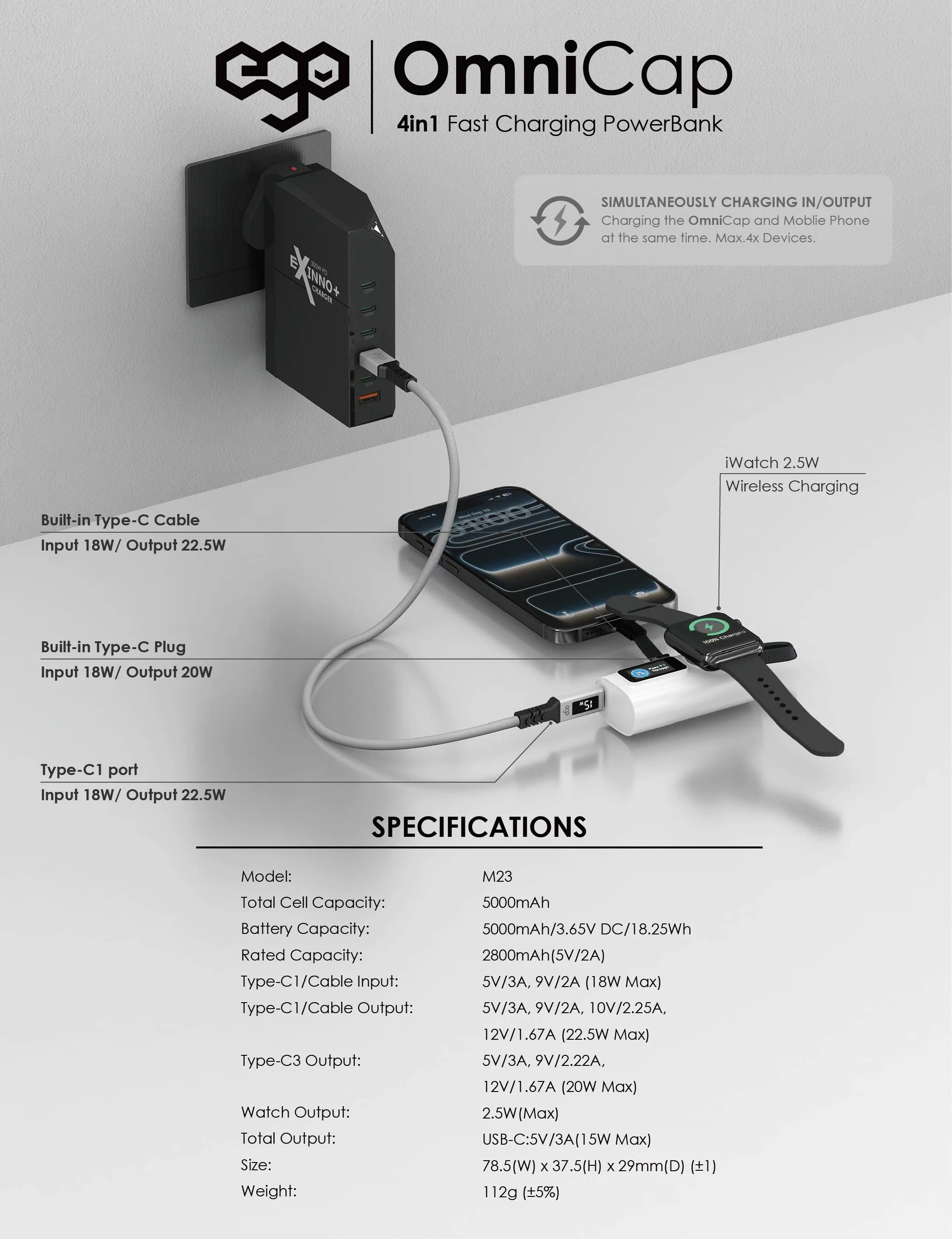 EGO OmniCap @5000mAh 4in1 外置電 M23 4in1 口袋全能外置電 (3C可追溯二維碼)