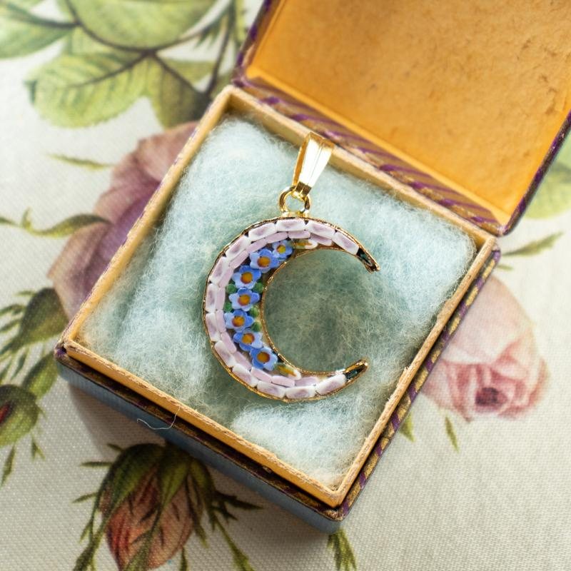Modern Italian Mosaic Romantic Floral Moon Shape Pendant Necklace(ITMA50)
