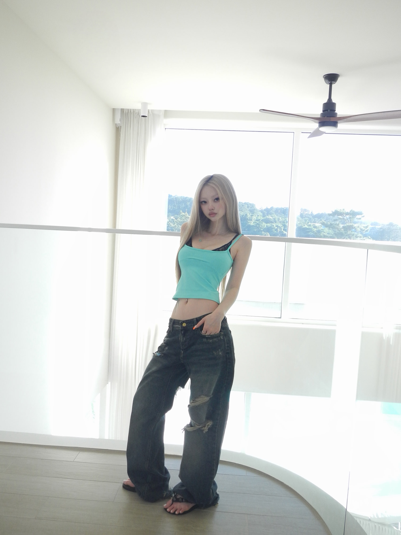 Washed Distressed Wide-Leg Denim