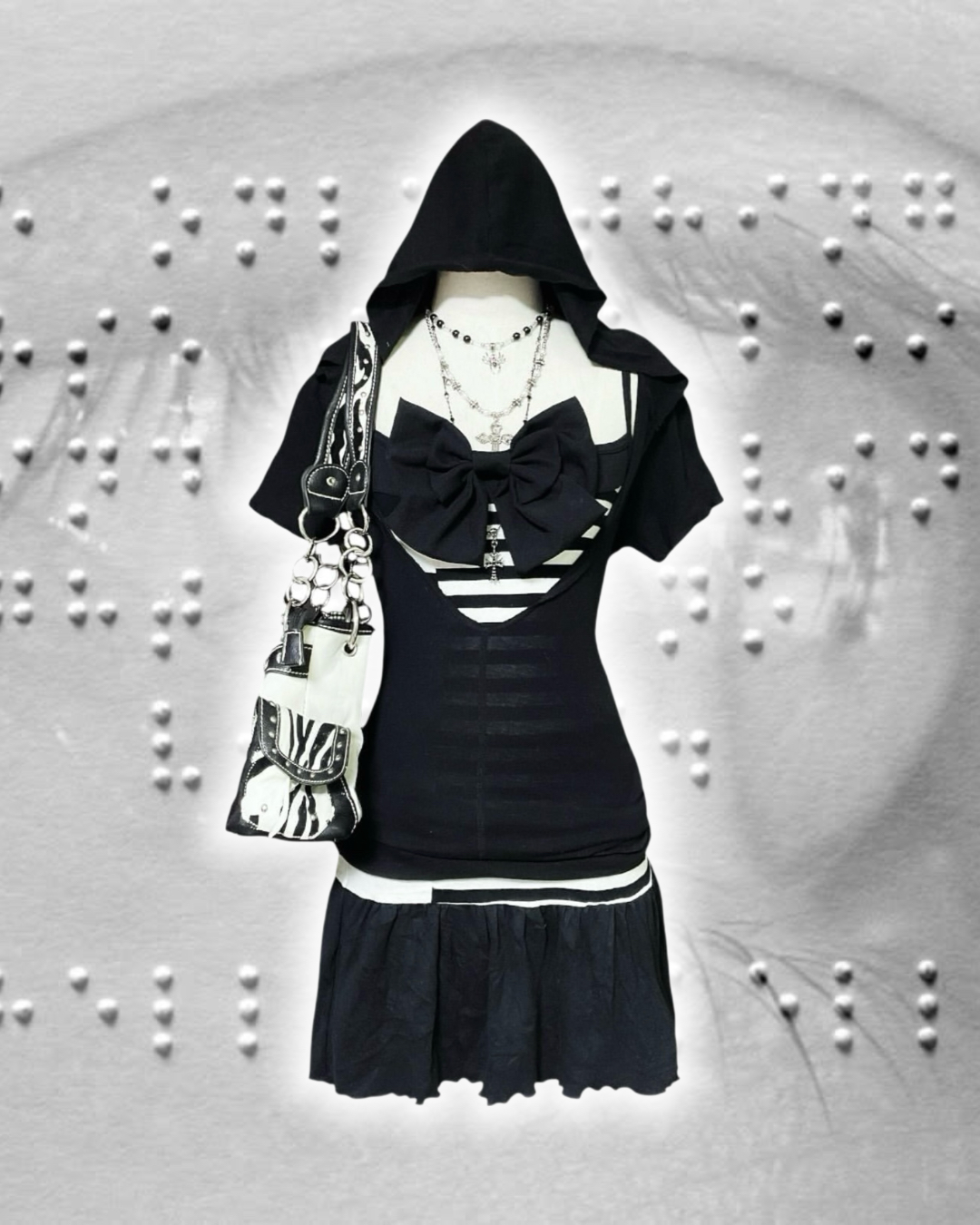 Black Hooded Ruffled Bow Striped Dress Set