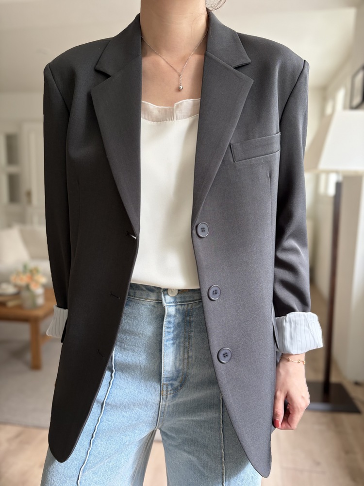 Margot Blazer with Striped Cuffs (Charcoal)