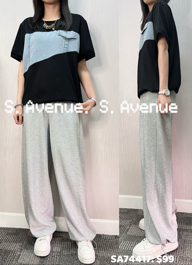 SA74417: 短袖中間牛仔拼布tee