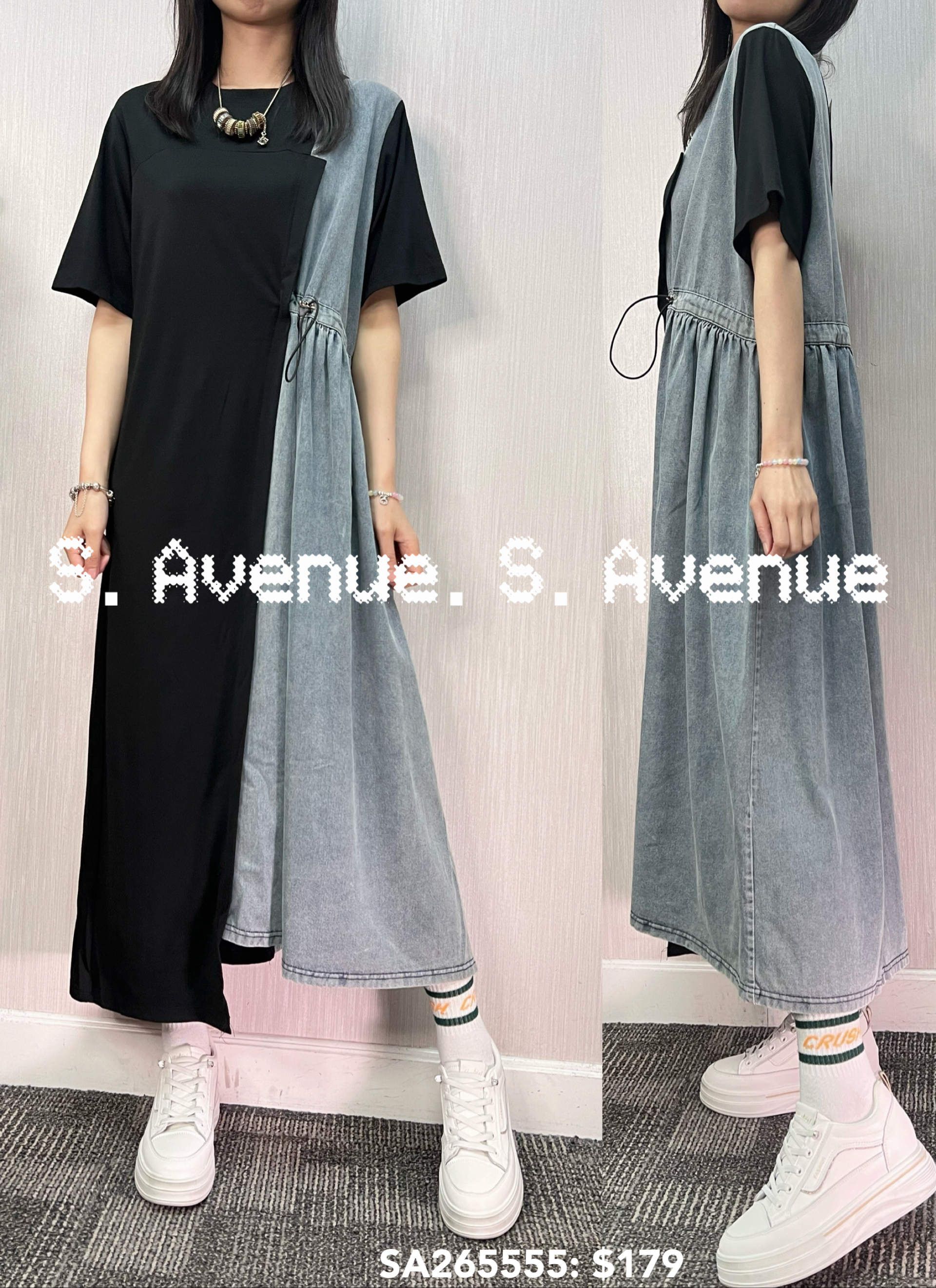 SA265555: 短袖側拼牛仔束腰顯瘦op