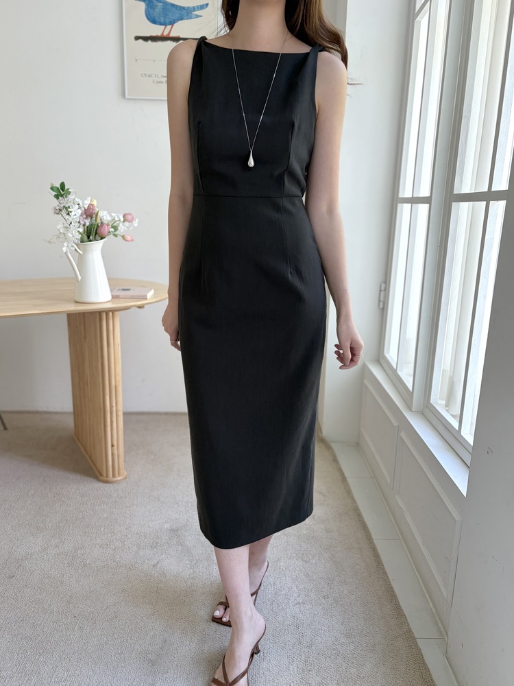Linen Blend Twisted Strap Dress (Black)