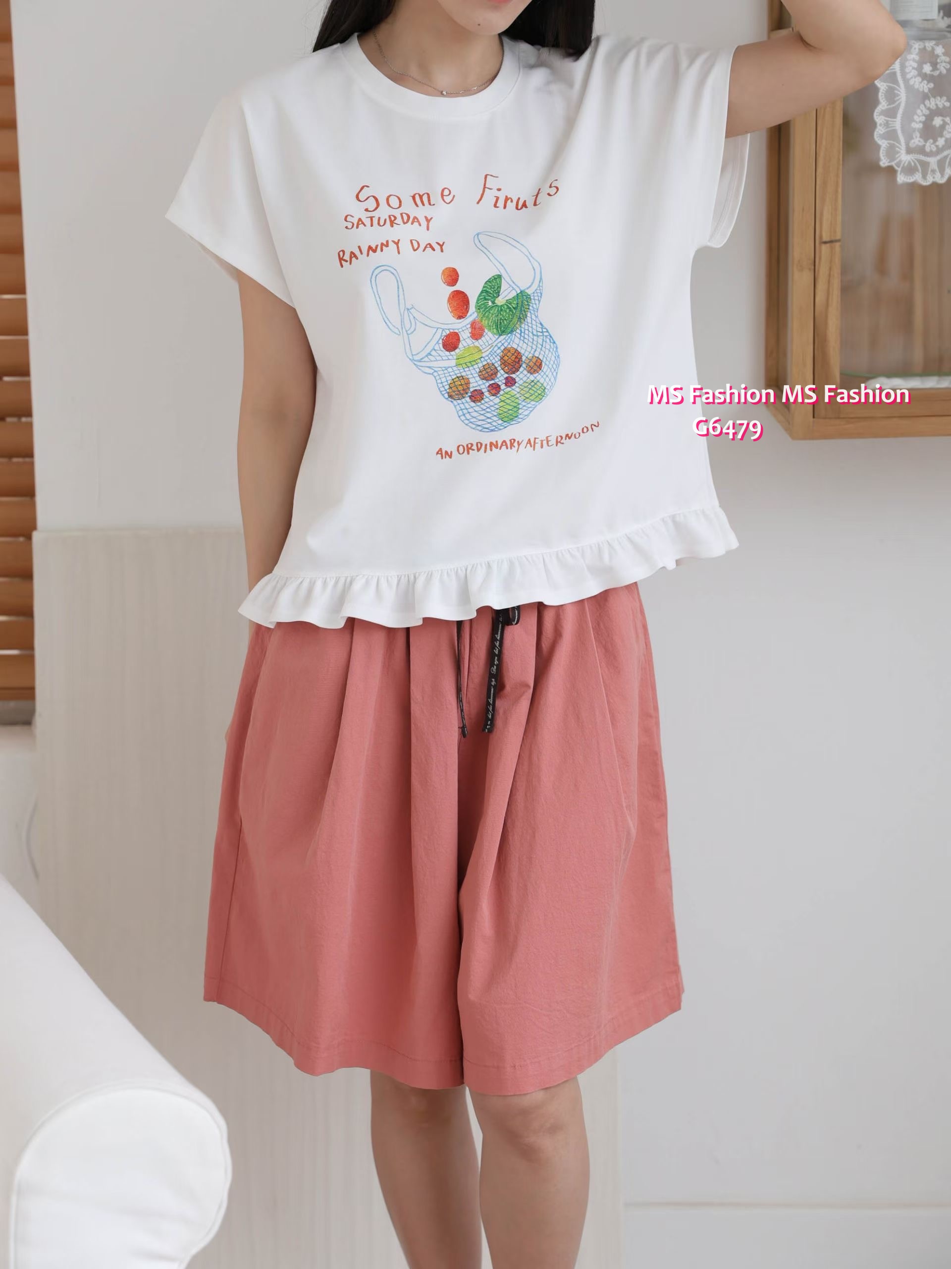 G6479 靚print ruffle腳top