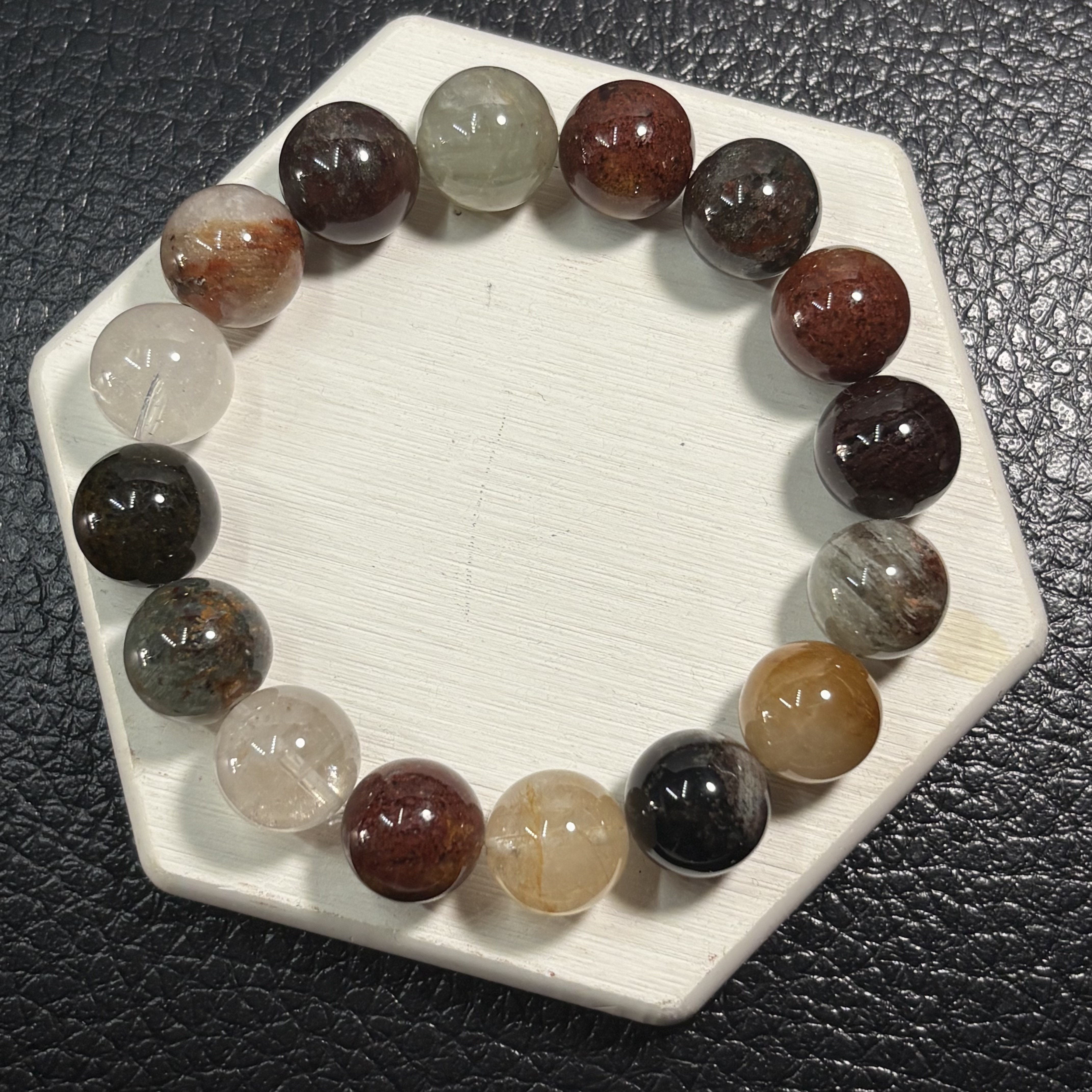 四季幽靈（彩幽靈）水晶手串 Flower Phantom Quartz No.4574丨13 mm珠17cm手圍