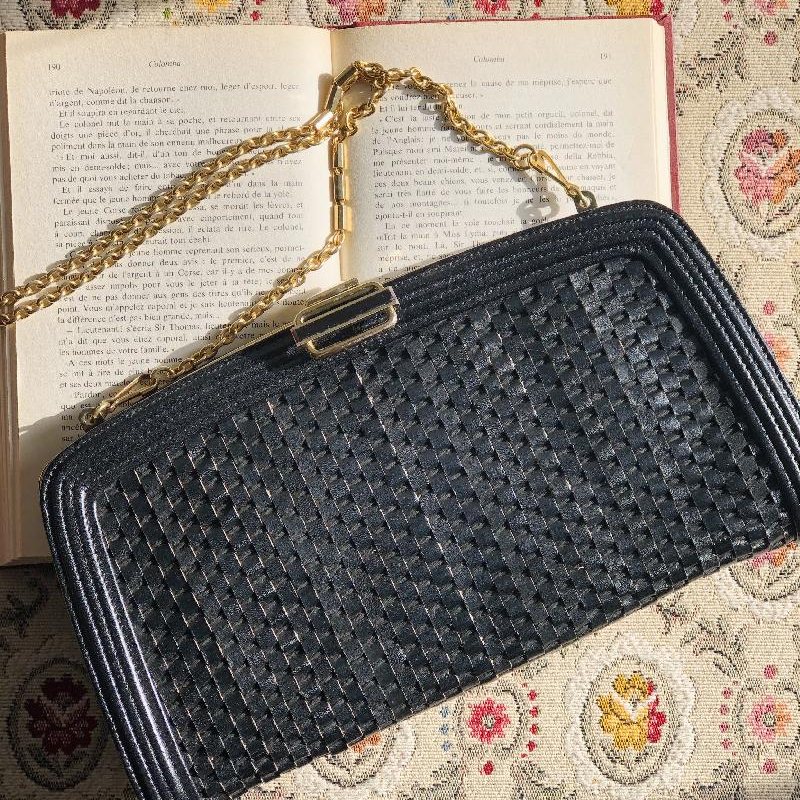 Vintage Black Weaving Leather Strips Two-Way Clutch/Shoulder Bag from Japan (MT1628)