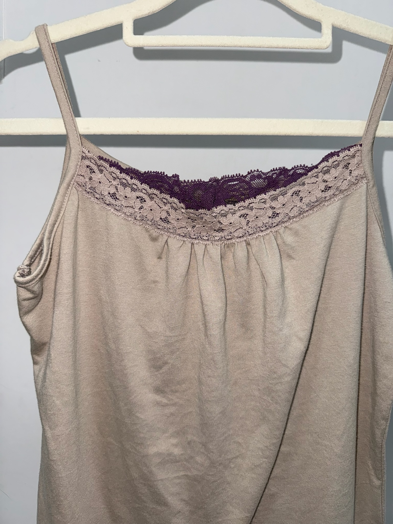Contrast Purple Lace Trim Taupe Cami Top