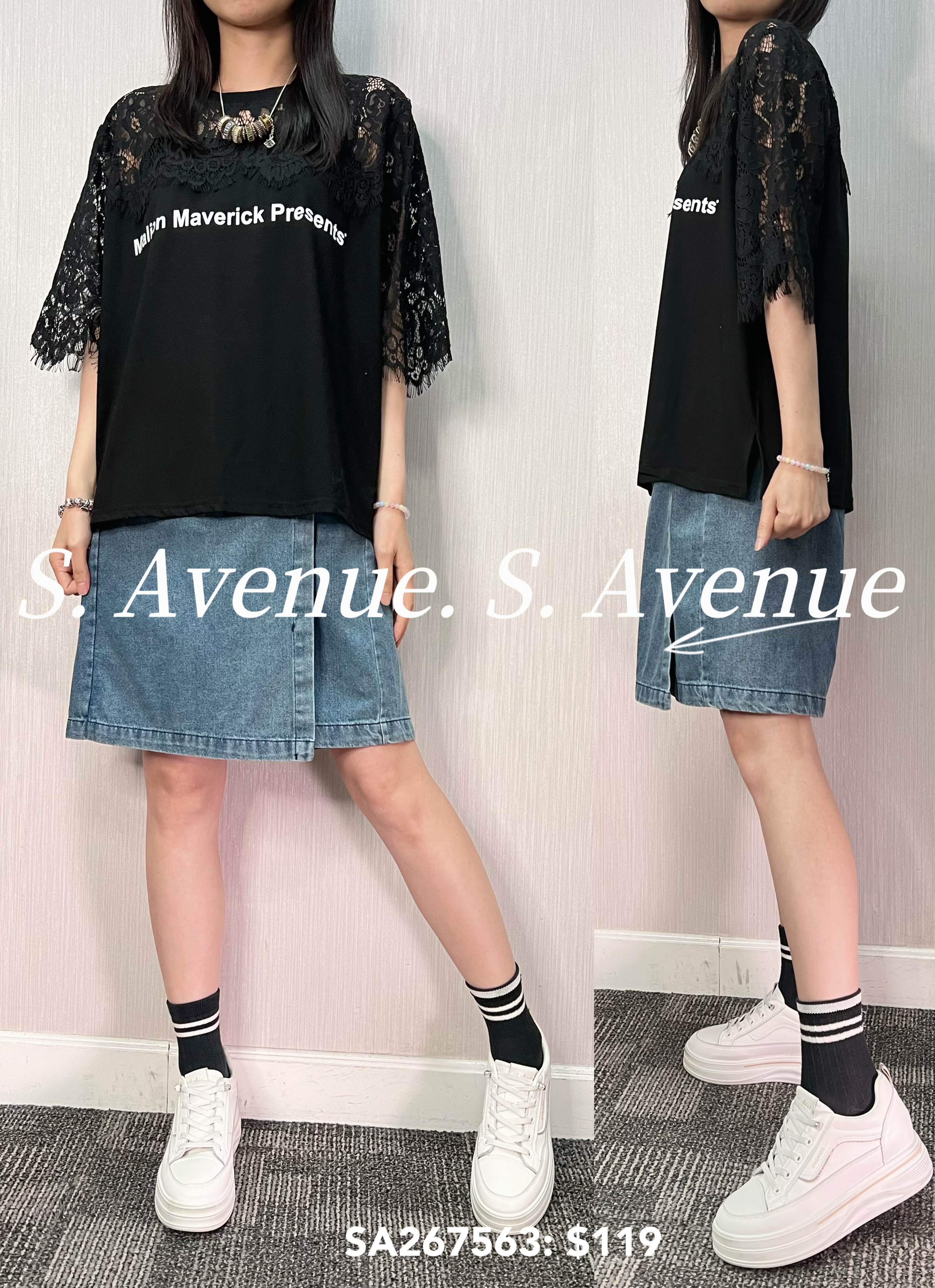 SA267563: 短袖lace袖拼英文字tee