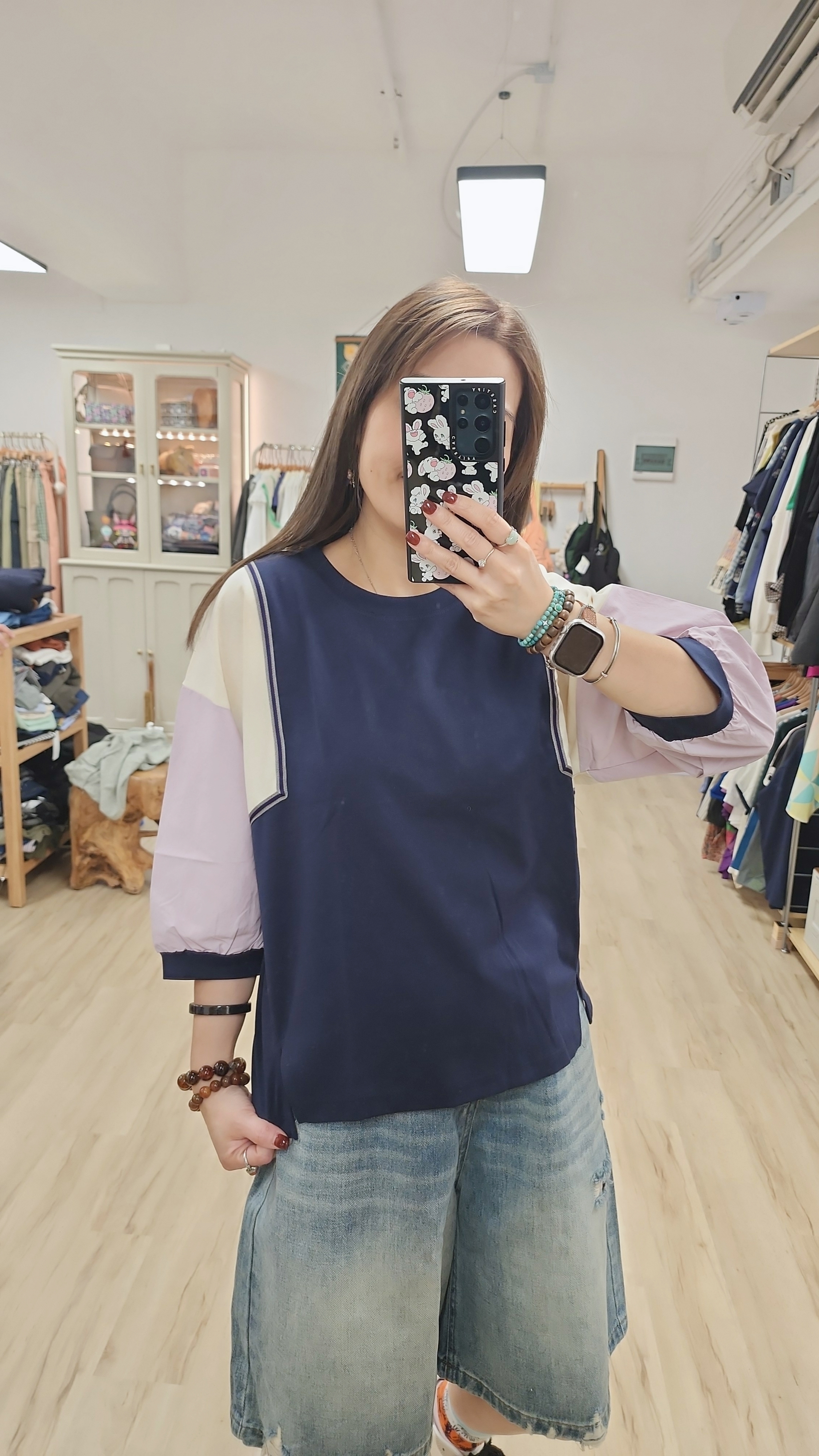 韓國深藍拼粉紫米白袖衫