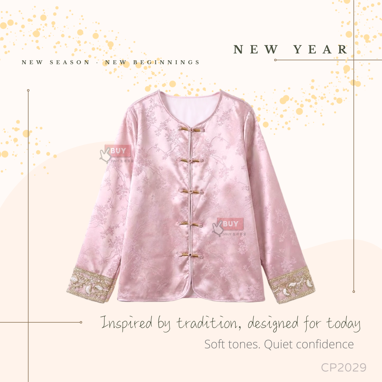 成人新年衫｜女士粉金唐裝外套 立領盤扣 刺繡袖口 新年拜年服｜Vbuy CP2029