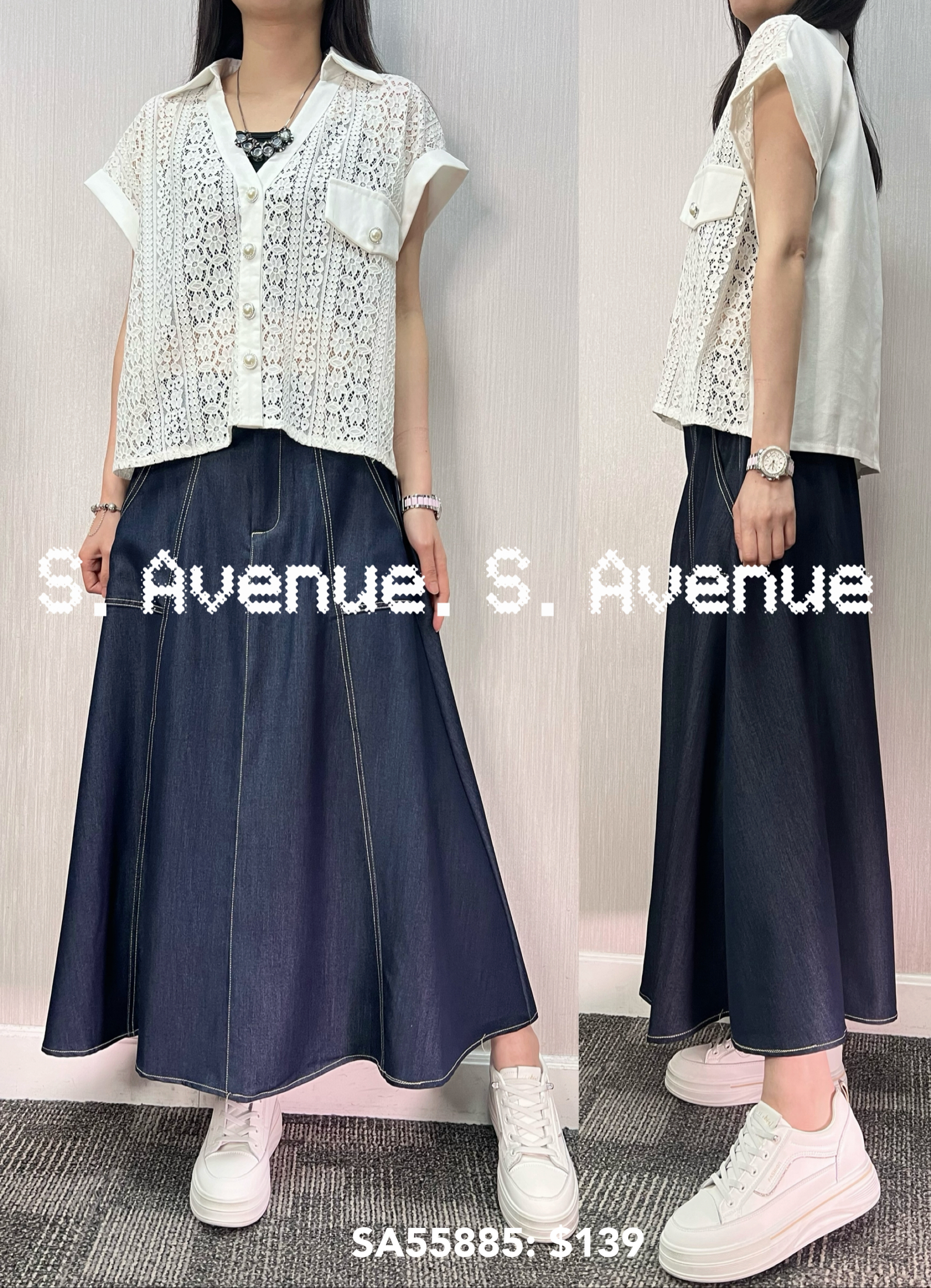 SA55885: 短袖有領V領lace shirt