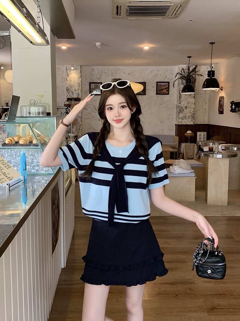 B137(72269) 韩系减龄付纯色披肩蓝撞色横纹冰丝针织蓝两件套上衣 