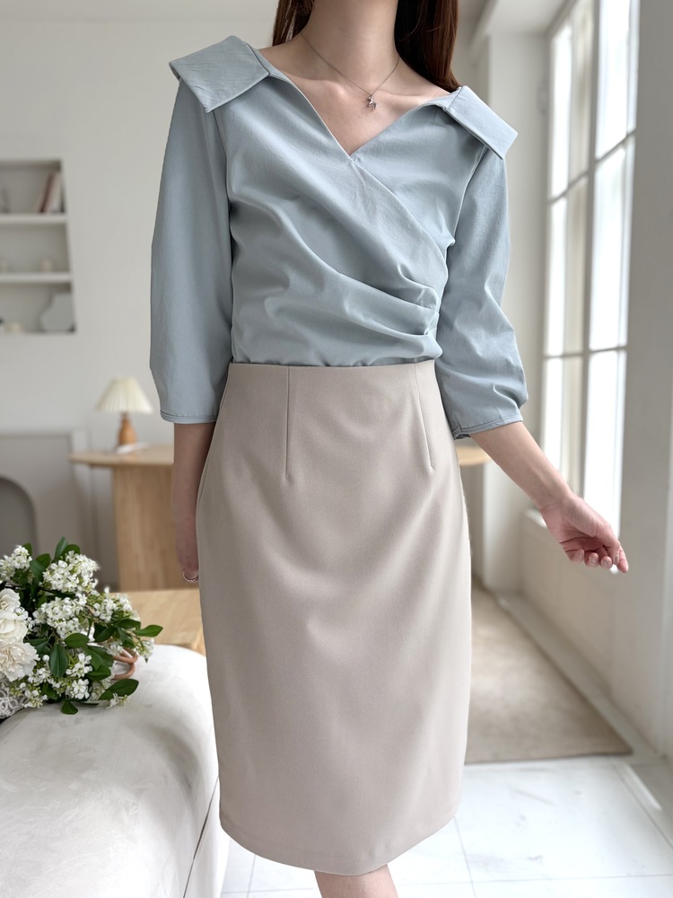 Camelia Wrap Collar Blouse (Blue)