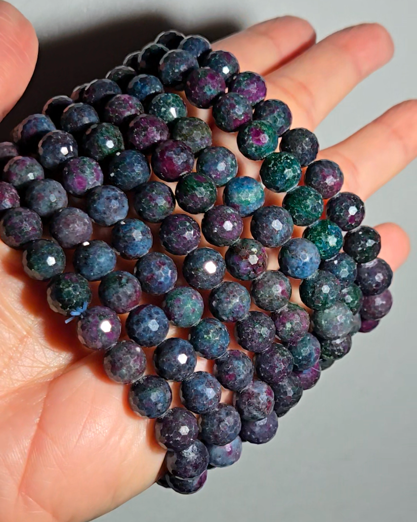 Ruby in kyanite faceted bead bracelets with UV, larger beads - RBY138