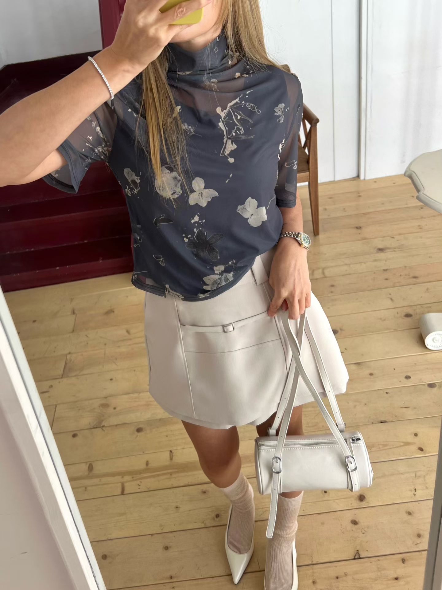 B2 復古印花透紗疊穿 T