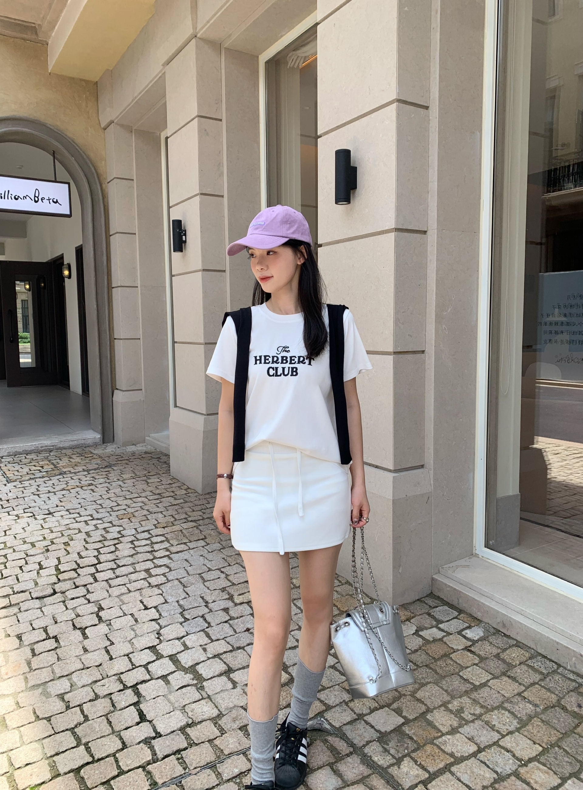 The Herbert Club Letter Embroidery Top+Shawl+Skirt Sets 撞色刺绣字母休闲 3 件套 （3 colours）