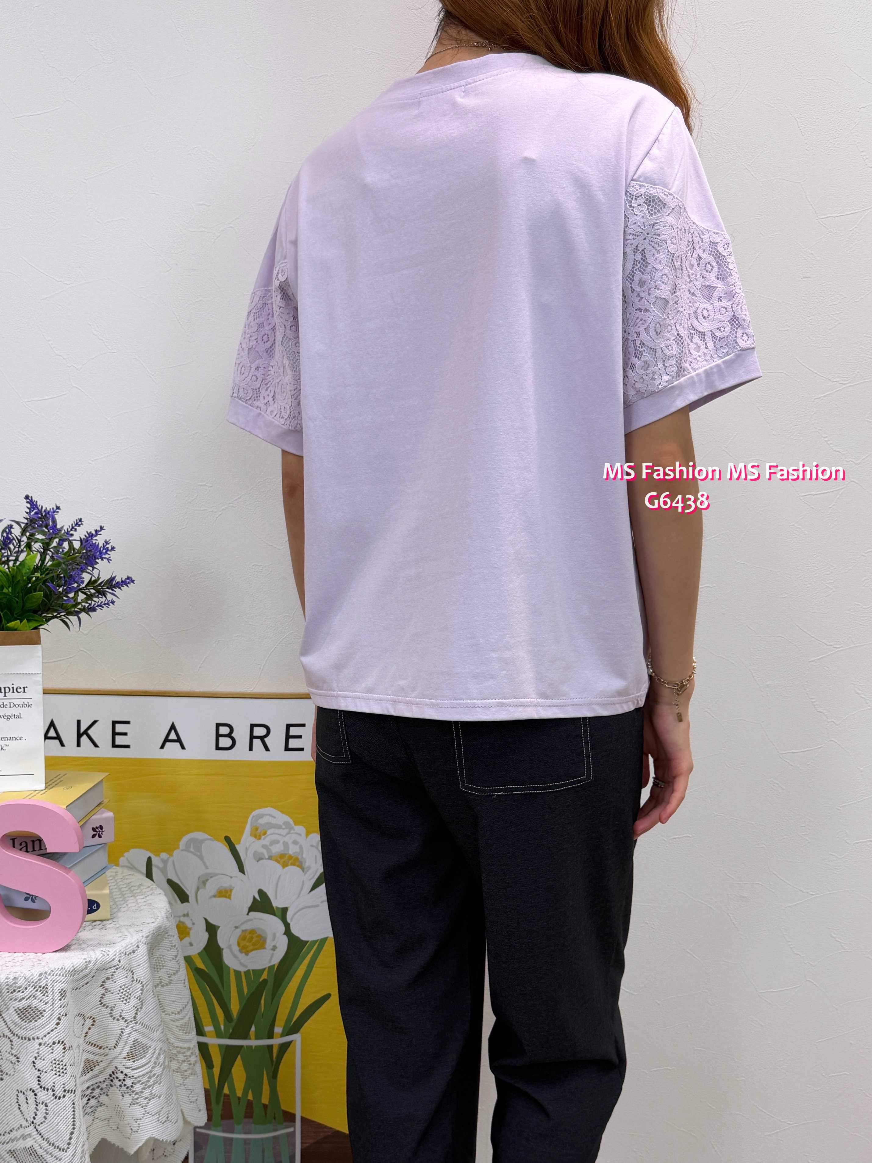 G6438 靚print lace袖top