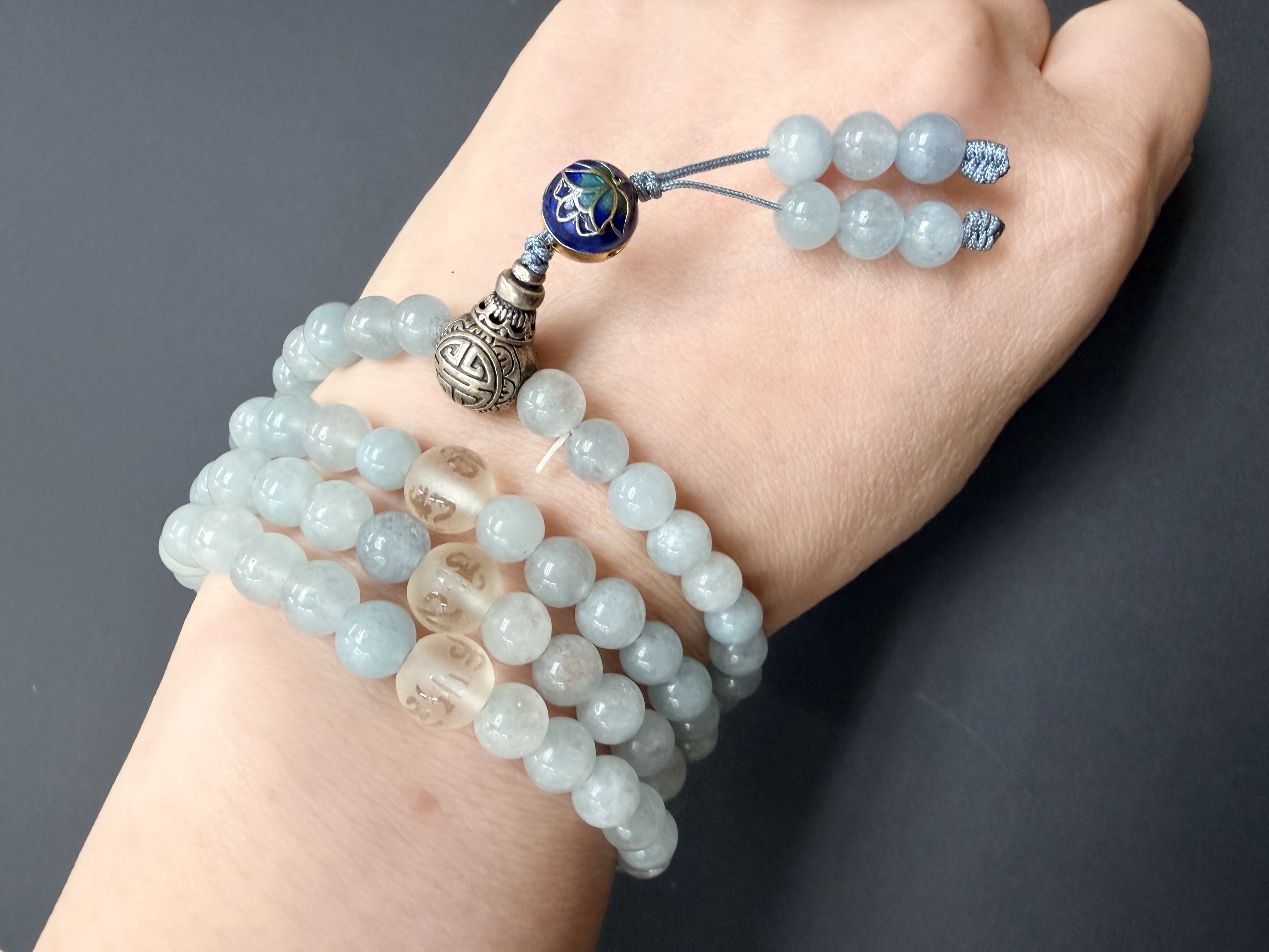 6mm 108粒海藍寶念珠 配：蓮花