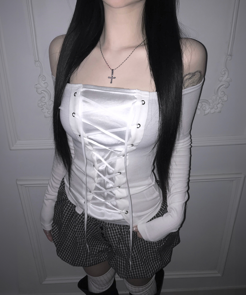 Off-Shoulder Satin Lace-Up Top