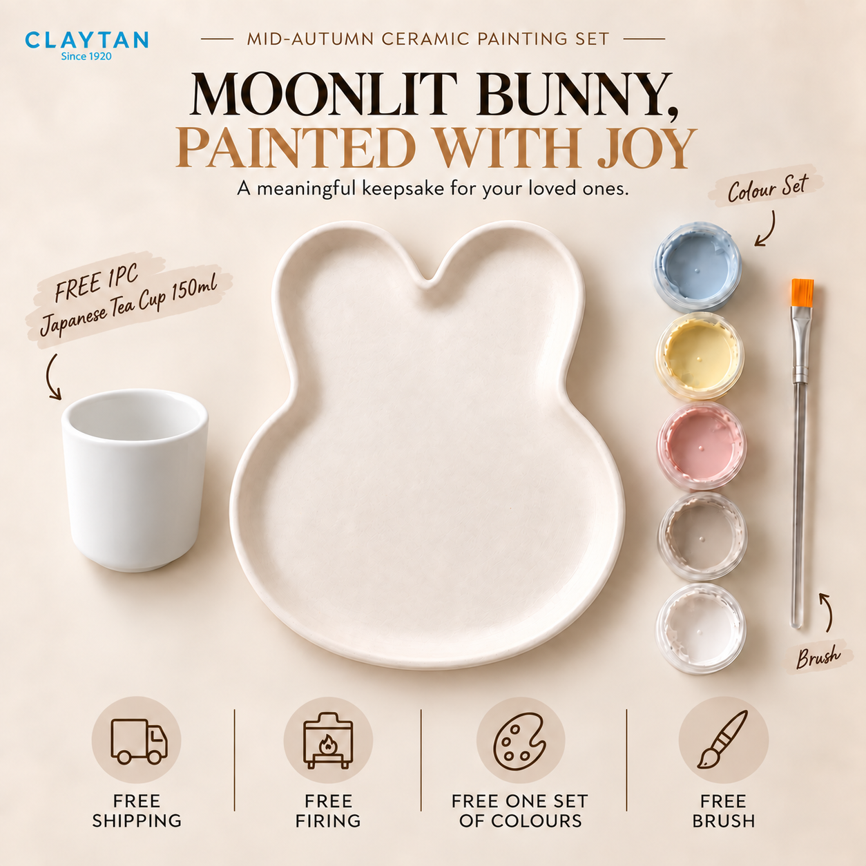 CLAYTAN Mid-Autumn Ceramic Painting Set | Bunny-Shaped DIY Plate Set | Paint, Fire & Cherish