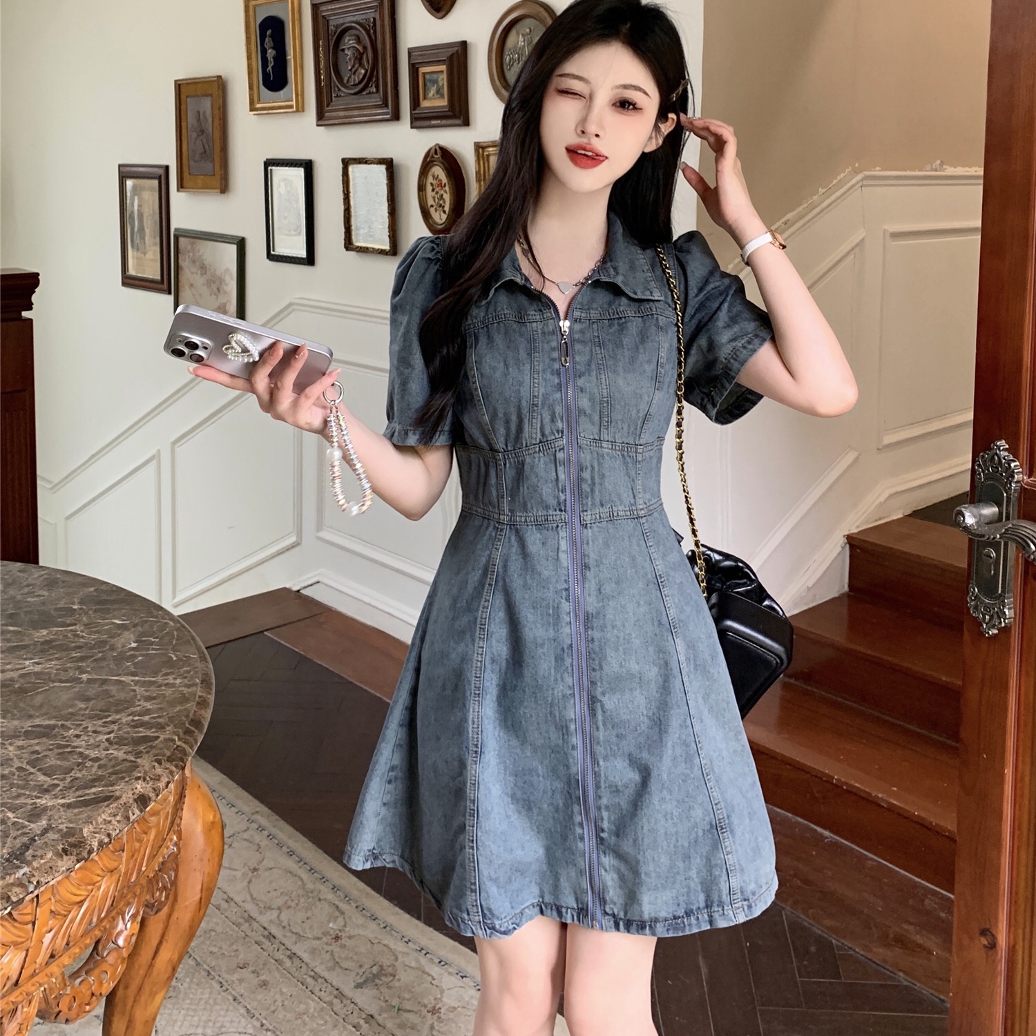 B397(9102) 韩版时尚JEANS翻领显瘦前排拉链蓝连身裙