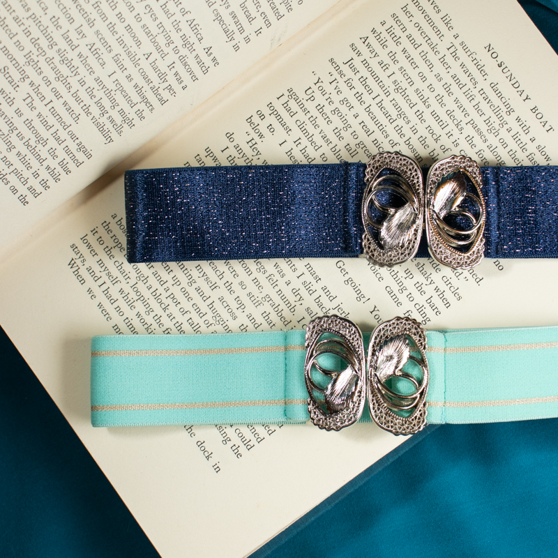 Vintage Japanese Silver Tone Butterfly Belt Buckle with Mint Green Elastic Belt