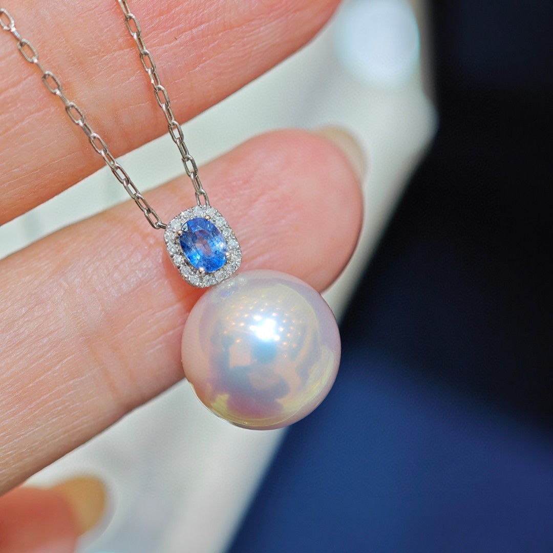 11-12mm正圓無瑕 搭配天然藍寶石 通體18k鑽石