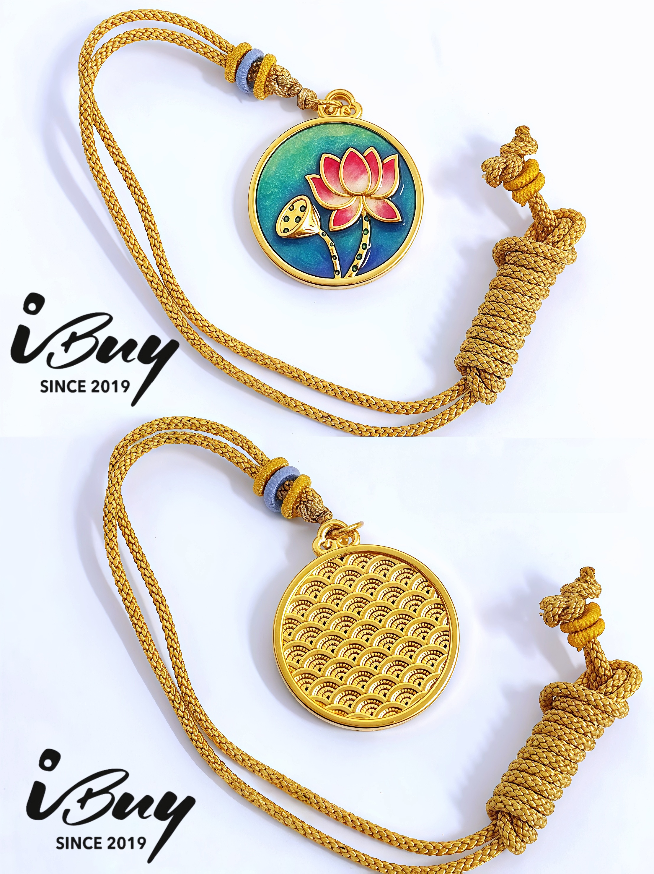 999 GOLD DOUBLE SIDED ENAMEL LOTUS & WAVE PENDANT （WITH HAND WOVEN ROPE) 999 金 莲花珐琅吊坠（配绳）