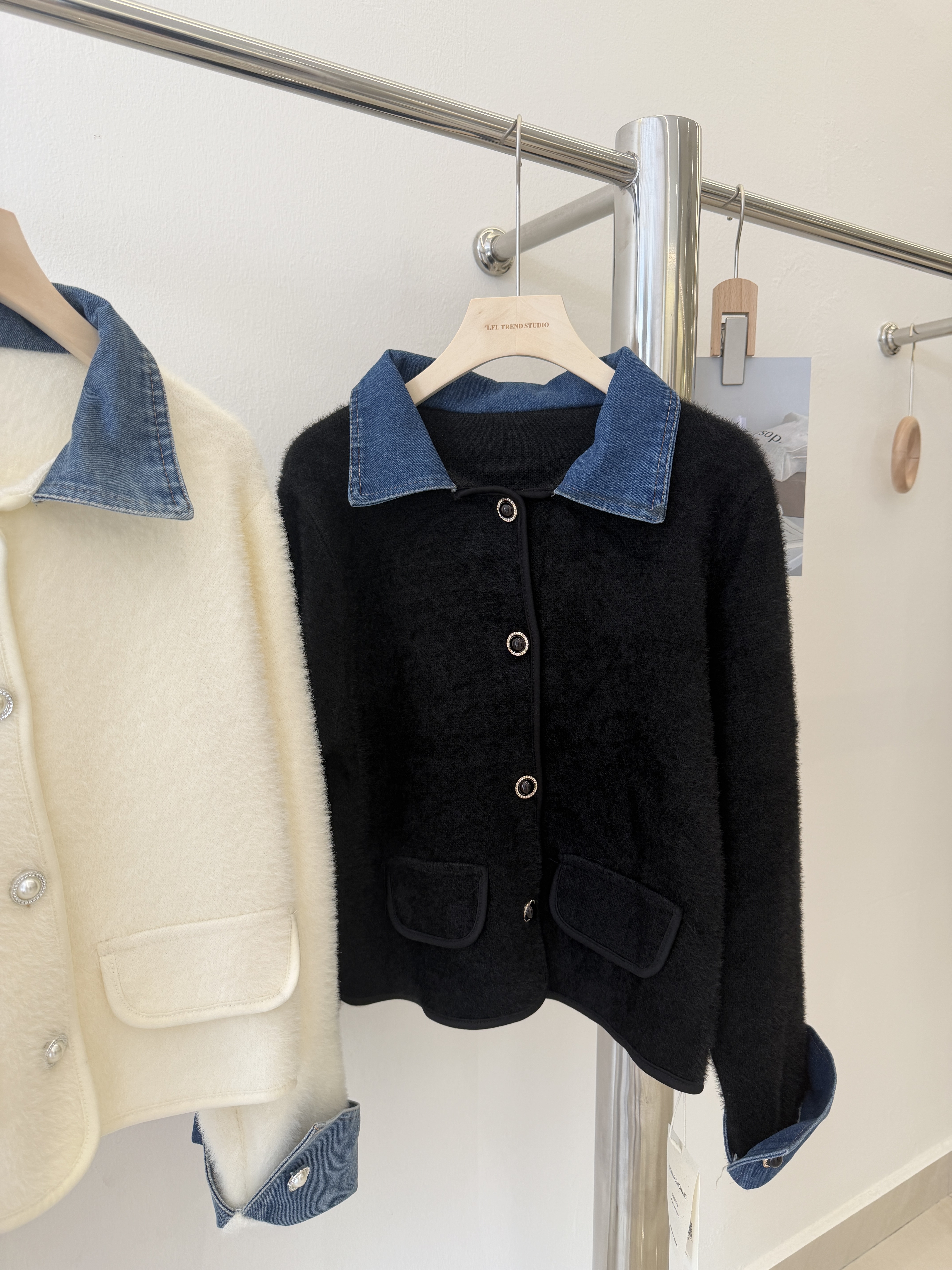 6614 设计感牛仔拼接小香风外套