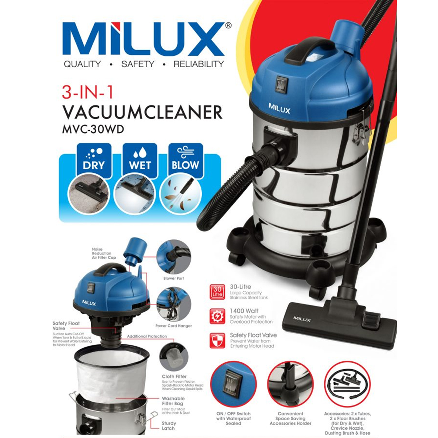Milux 30L 1400W Wet & Dry Vacuum Cleaner (MVC-30WD)