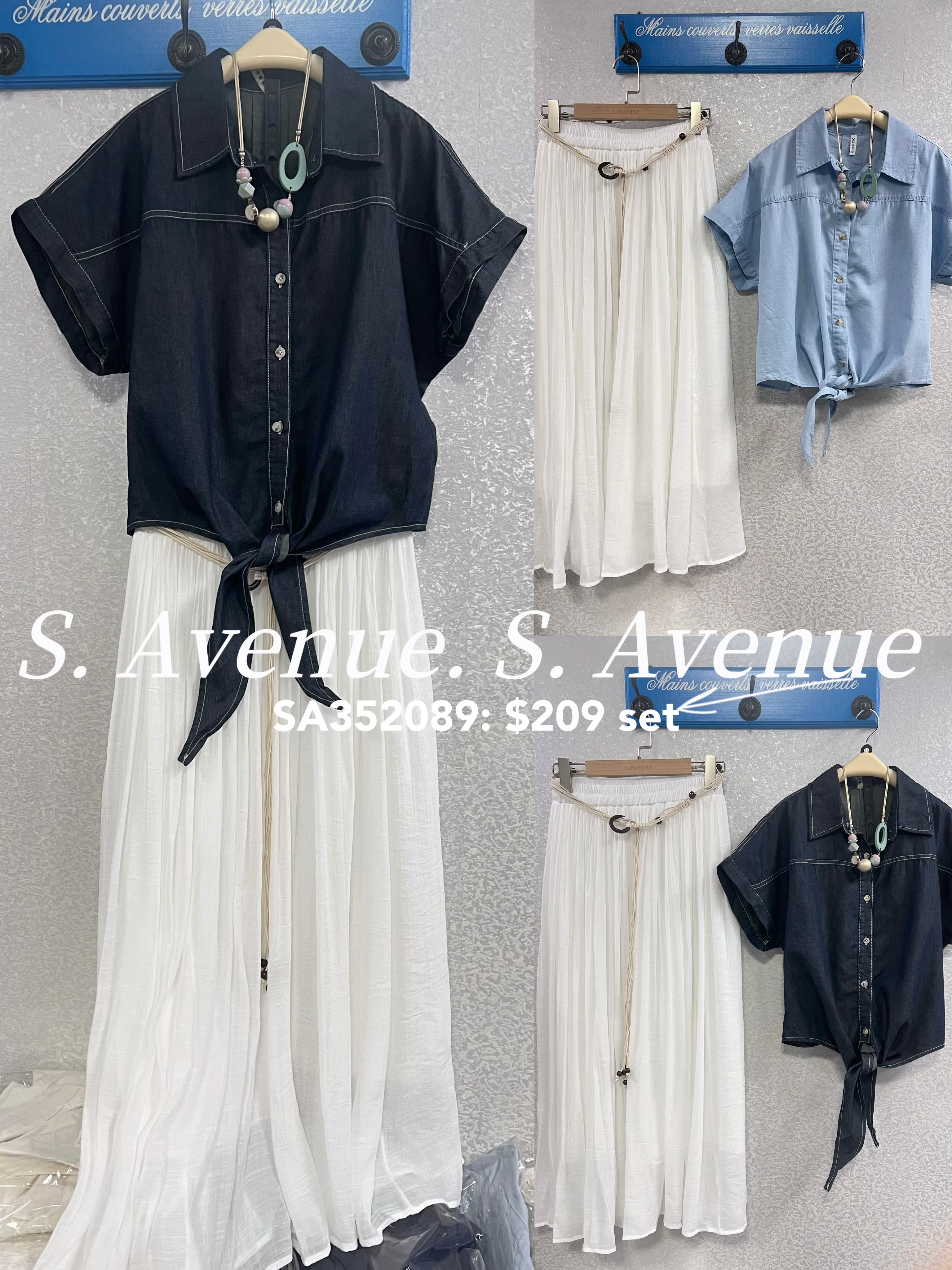 SA352089: 短袖牛仔打結shirt配车截槔紗裙套裝