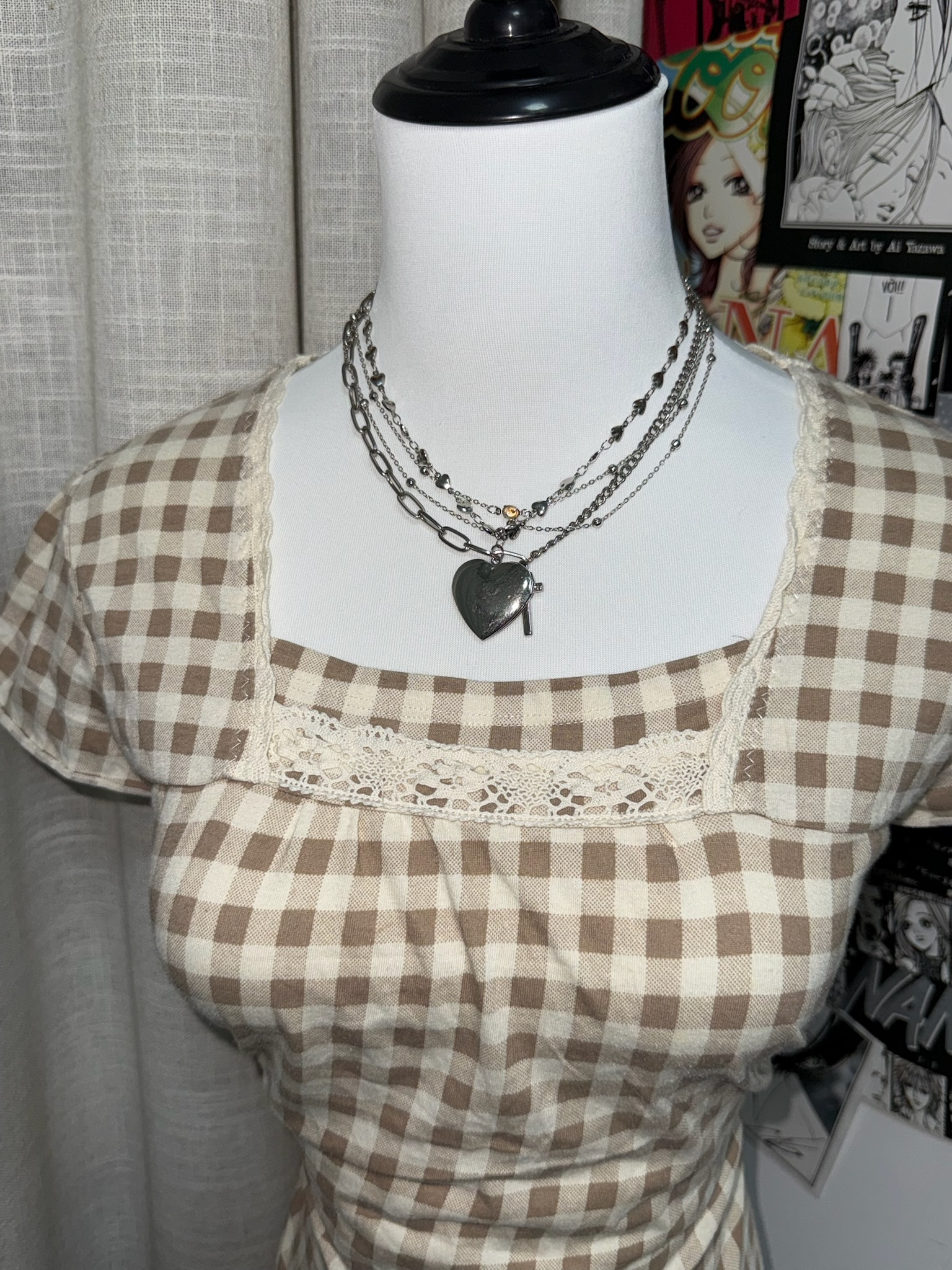 Cottagecore Lace-Detail Gingham Fitted Tee