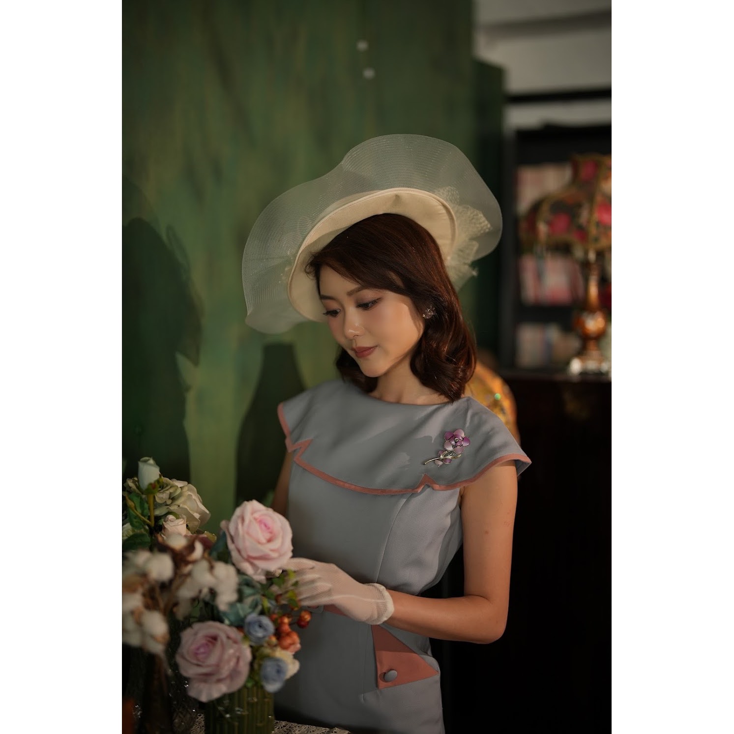 (Ready Made)1950s Summer Splendour Two Tone Cape Dress - Light Grey x Pink (FM191)