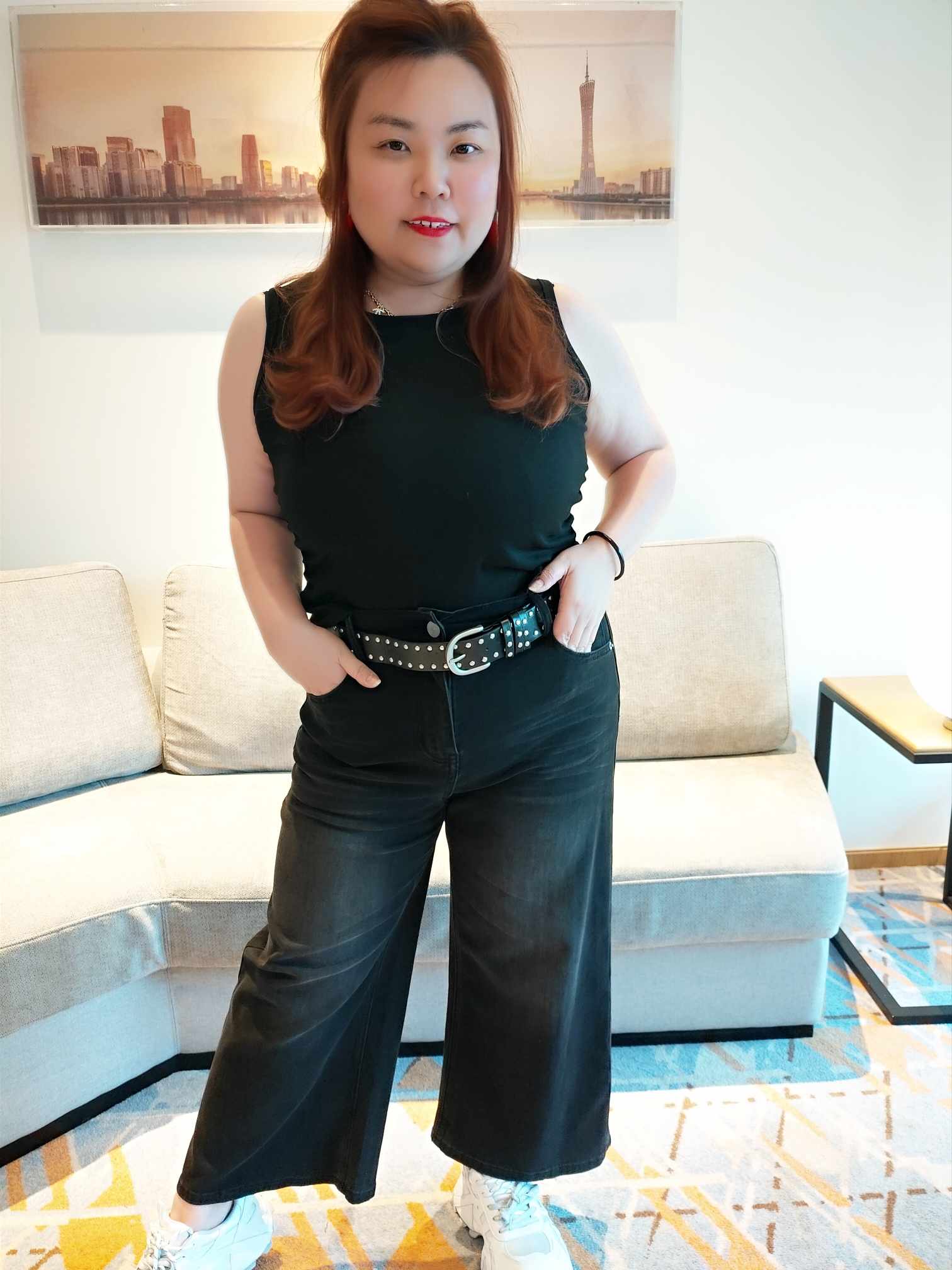 YCF08 3055 柳丁腰带弹力牛仔直筒9分裤