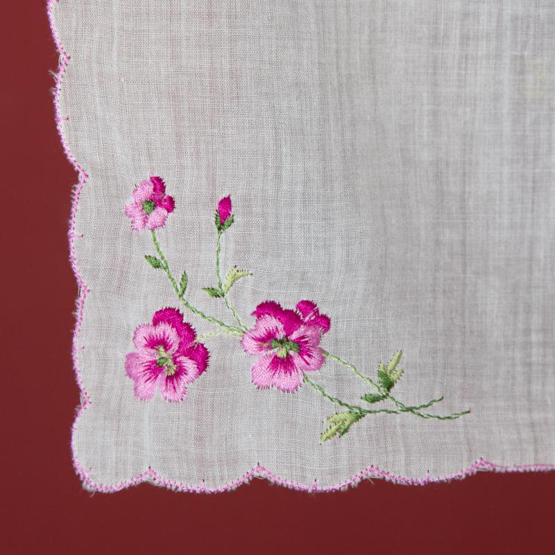 Vintage Unused Handkerchief with Pink Embroidery (EX092)