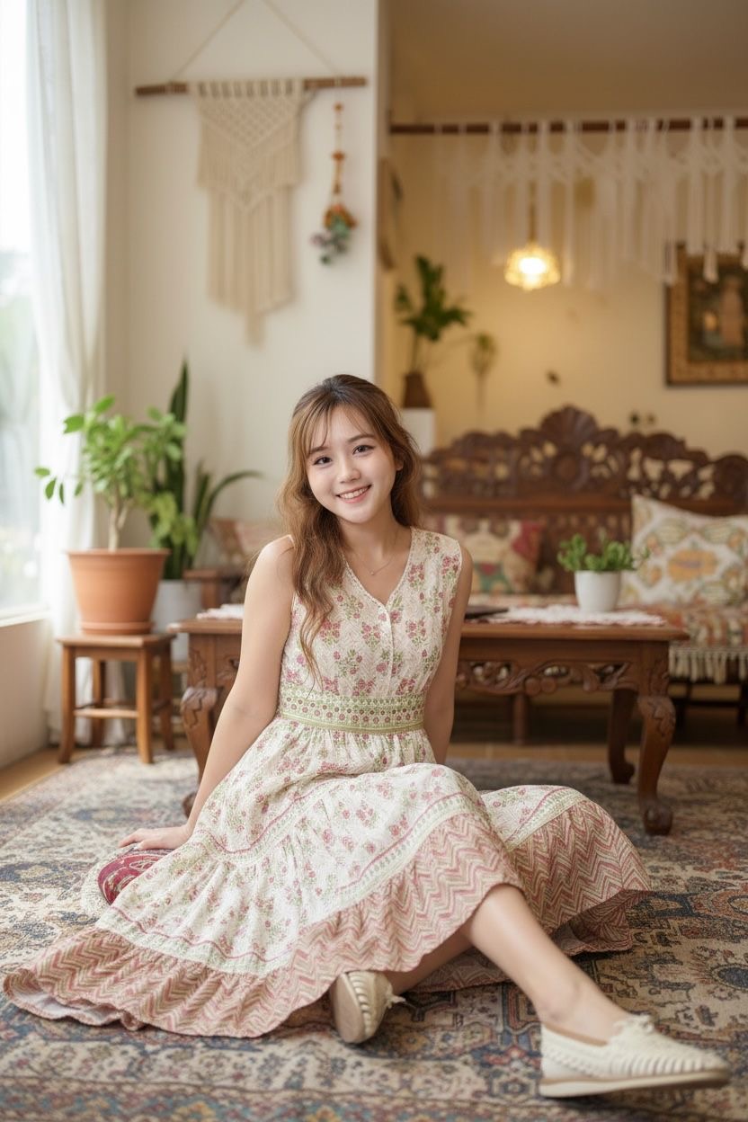 White Cottage Core V Neck Sleeveless 45.5" #1090