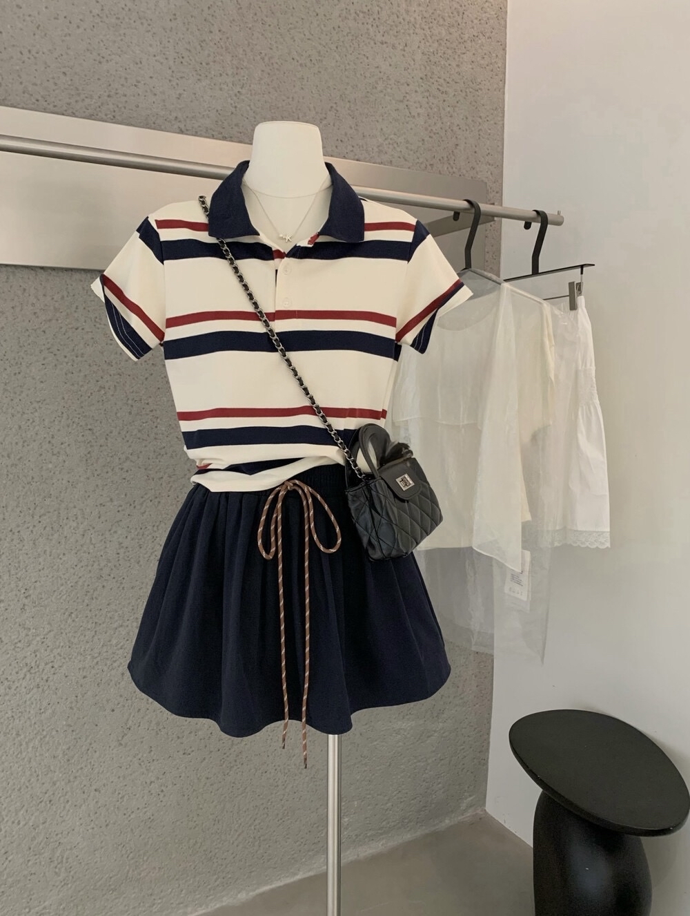 学姐Polo领条纹POLO衫+蓬蓬半身裙两件套套装 Striped T-shirt and Skirt Set