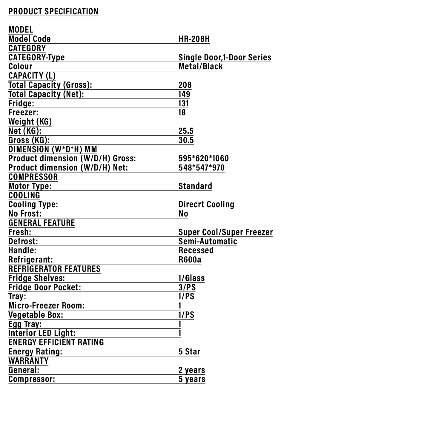 Haier 195L 1-Door Refrigerator (HR-208H)