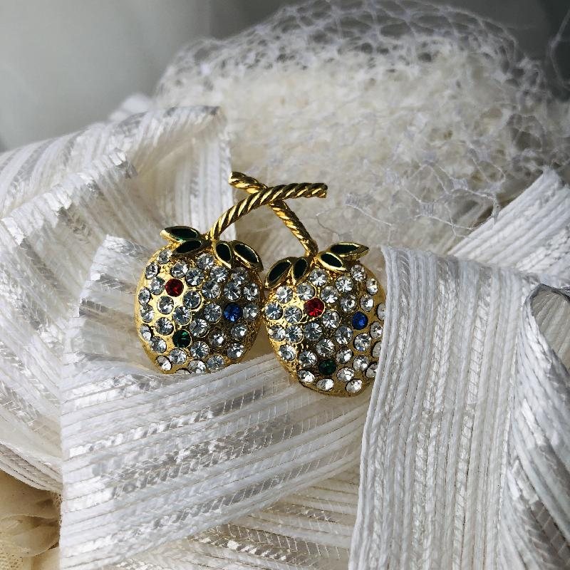 Vintage Pre-1980s Colourfully Bejewelled Cherry Brooch (MT944)