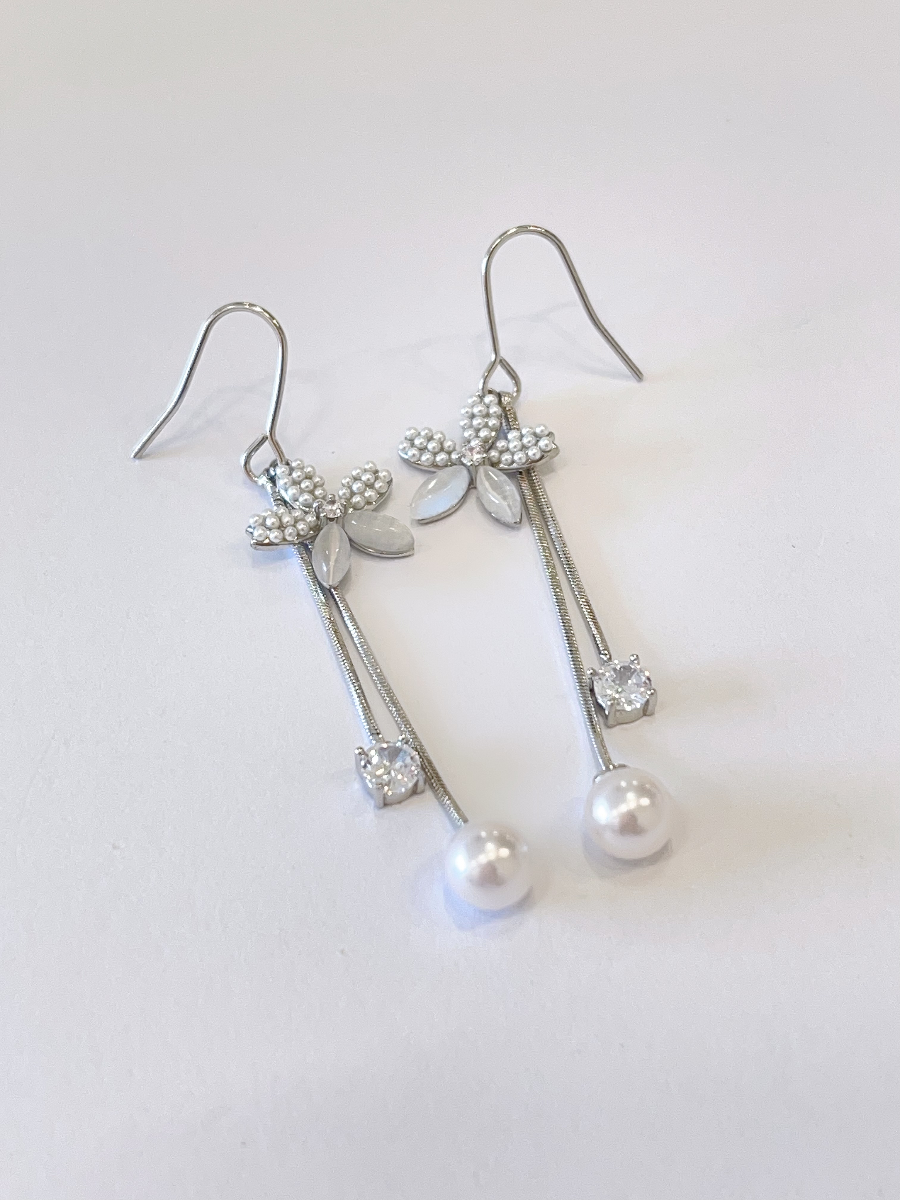 猫眼石小花朵锆石珍珠流苏耳环