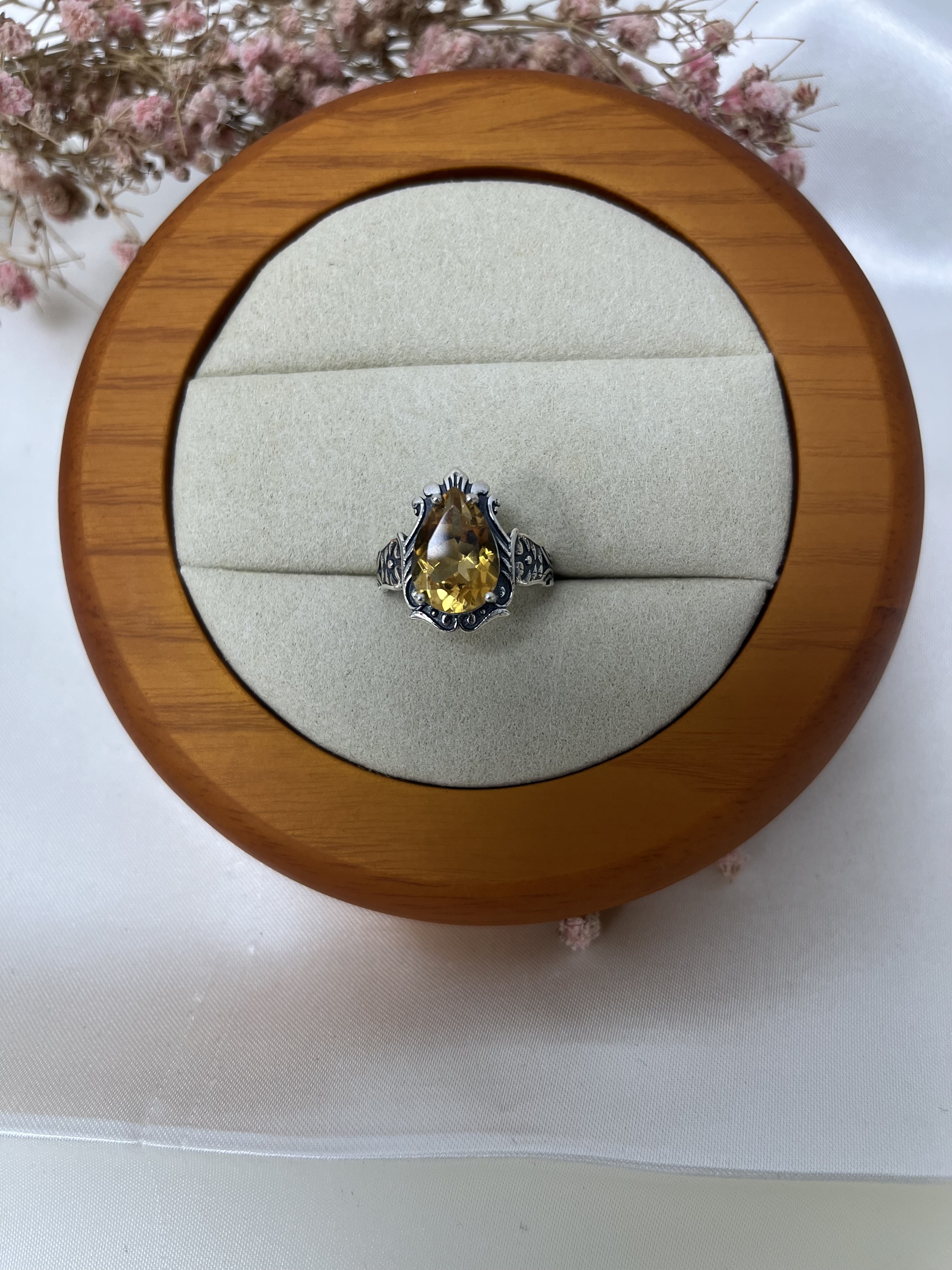 淨體黃水晶水滴復古活口S925銀戒指裸石9x13mm